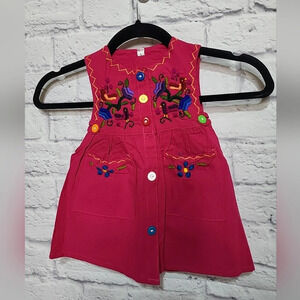 Girls / Kids Fuchsia Pink Embroidered Sleeveless Button Up‎ Dress EUC
